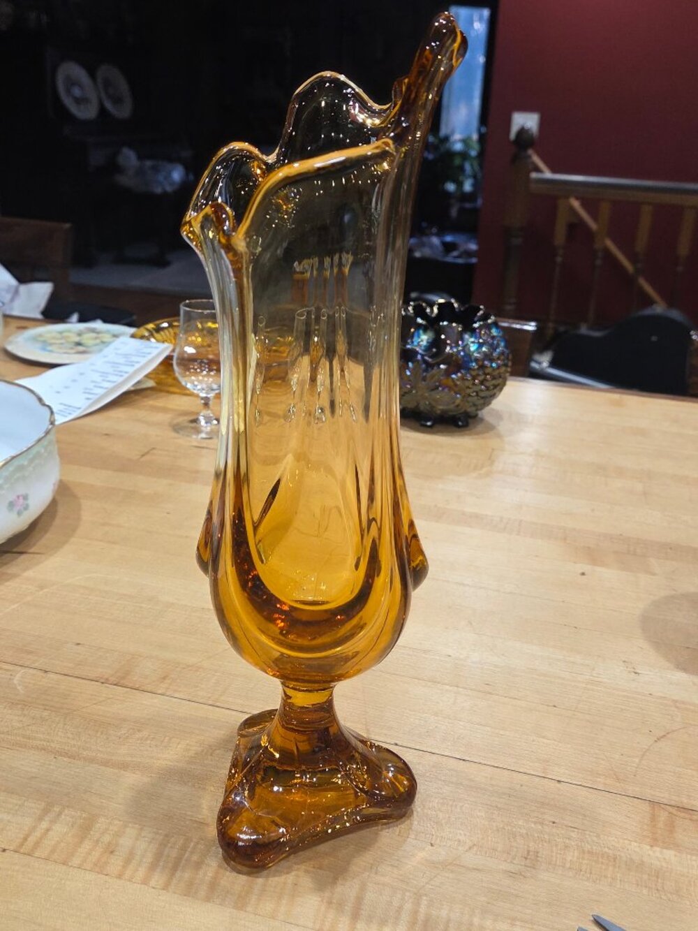 Vintage MCM Viking Amber Epic Drape Swung Vase 12.5"
